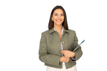 Confident woman in business attire gesturing purposefully
