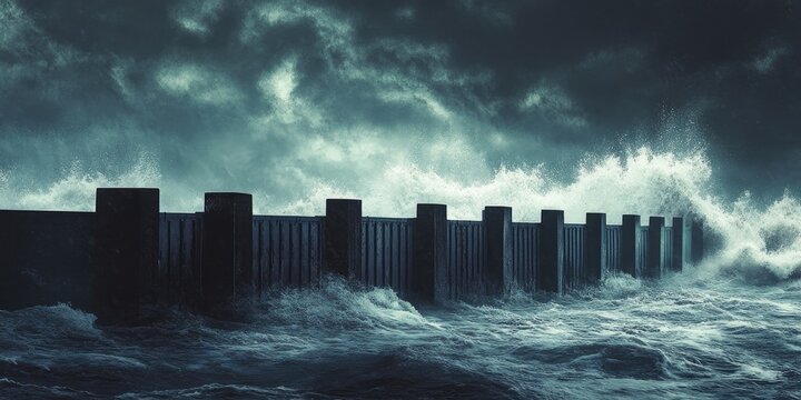 Silhouette of flood barriers designed to withstand storm surges, prominently displayed against the backdrop of a raging storm.