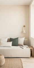 Fototapeta premium Cozy modern living space featuring a neutral-toned sofa with cushions and natural decor elements