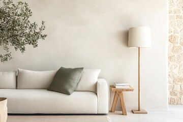 A cozy living room with a neutral color palette and elegant design, featuring natural elements