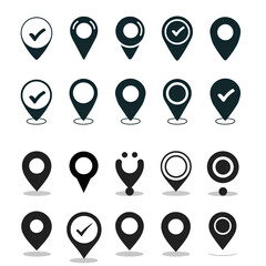 Set of 20 different location pins on a transparent white background