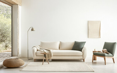 Obraz premium Cozy minimalist living room with natural light and earthy decor in a serene setting