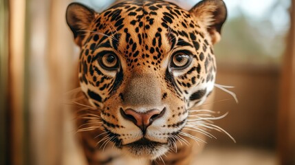 Obraz premium A detailed close-up of a jaguar's face, emphasizing its penetrating eyes and intricate spotted fur pattern, embodying the essence of wild beauty and intensity.