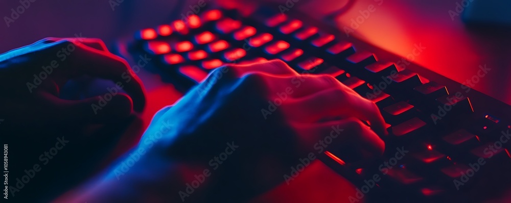 Poster hands typing on a backlit keyboard in a dimly lit environment.