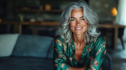 A confident, smiling woman with gray hair and vibrant floral attire poses comfortably against a blurred background, exuding style, grace, and lively charisma.