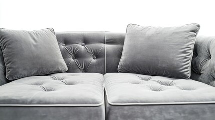 Cozy grey velvet sofa in a modern living room interior enhances the luxury of Scandinavian home design. The inviting space offers ample copy space for decor ideas.