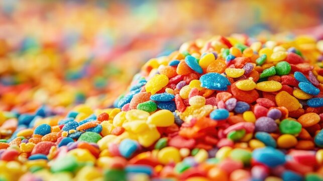 Fondant covered cake adorned with fruity pebbles creates a vibrant background, offering a sweet concept image complemented by cheerful birthday greetings. Ample copy space available.