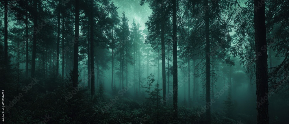 Poster a forest with trees and fog