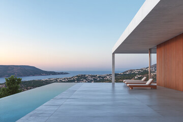 Fototapeta premium Modern villa with infinity pool overlooking a coastal sunset in a serene landscape