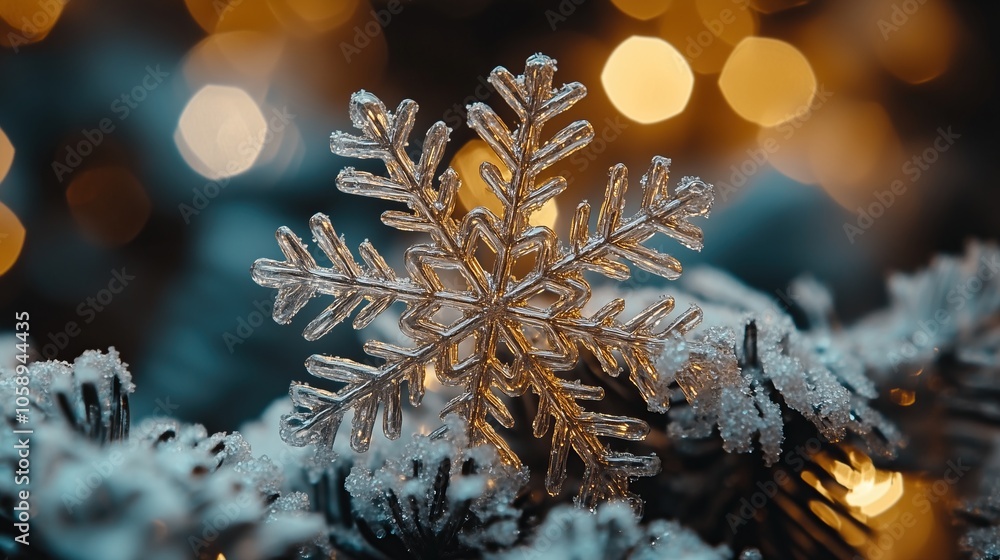 Poster sparkling snowflake close-up with winter snowfall