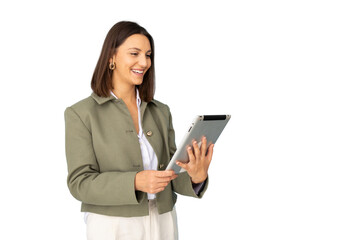 Young businesswoman holding a tablet confidently