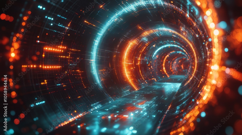 Poster futuristic tunnel of lights with abstract digital patterns
