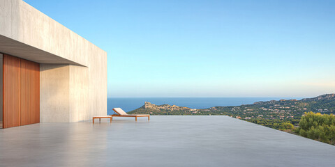 Spacious modern terrace overlooking the sea in a serene coastal setting during the day