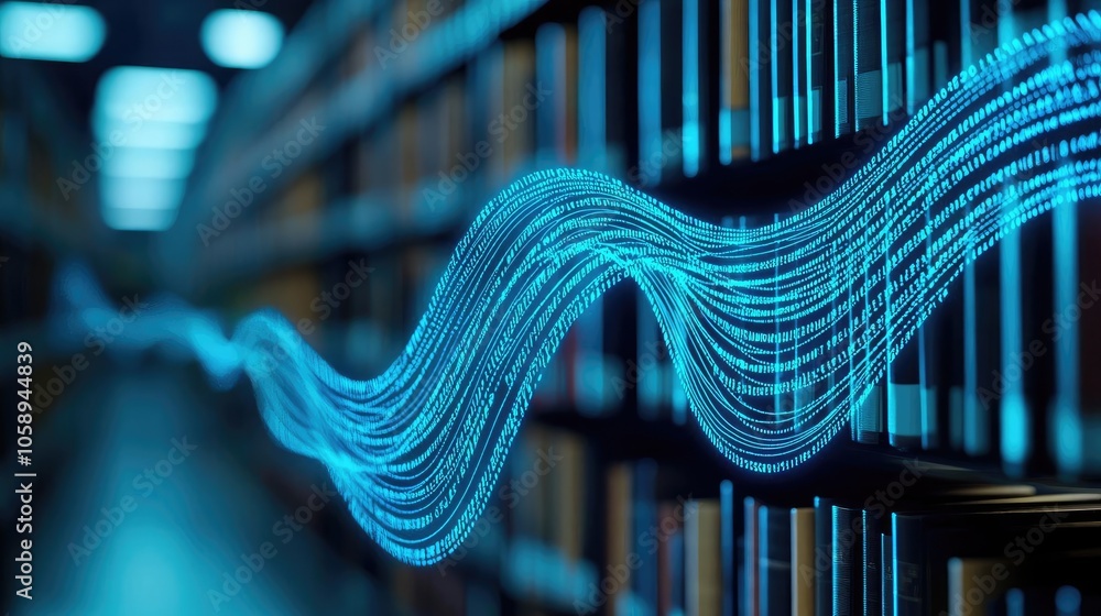 Aufkleber Digital sound wave flowing through a library with shelves in soft focus.