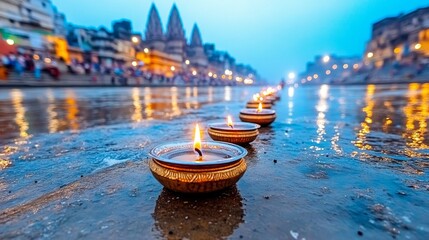 Floating Diyas on the Ganges River at Dusk India