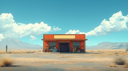 A lone, vibrant orange building stands in the vast desert under a bright blue sky, surrounded by cacti and distant mountains.
