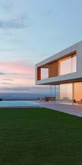 Modern architectural design of a luxury villa overlooking a serene landscape at sunset