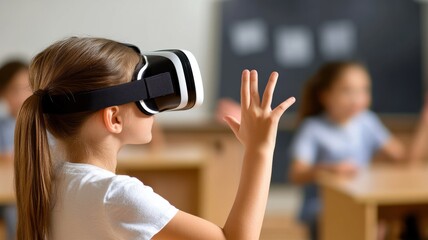 Child experiencing virtual reality in class