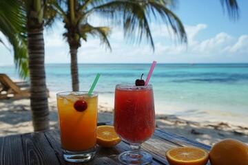 Refreshing tropical cocktails enjoyed by the beach under a clear blue sky on a sunny day
