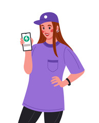 Phone charging. Woman with smartphone. Full battery. Device screen. Mobile charger. User holding gadget. Electric energy accumulator. Power recharge technology. Girl with telephone. Vector concept