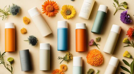 Assorted colorful cylindrical skincare product bottles with white caps arranged on a cream surface with vibrant flowers in varying colors scattered around them.