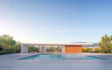 Obraz premium Modern minimalist house with an inviting swimming pool overlooking a scenic landscape at sunset
