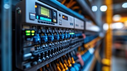 Server Rack Close-up with Network Connections and Equipment