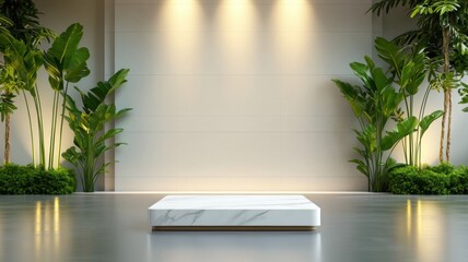 Modern showcase with plants and bright lights.