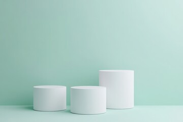 Minimalistic composition of white cylinders on a soft mint background, perfect for branding or product display.