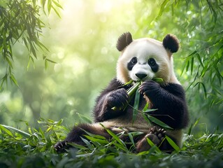 Obraz premium Panda Happily Munching Bamboo in Tranquil Bamboo Forest
