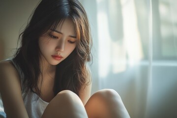 Young Asian woman touching her knee feel pain when move, Generative AI