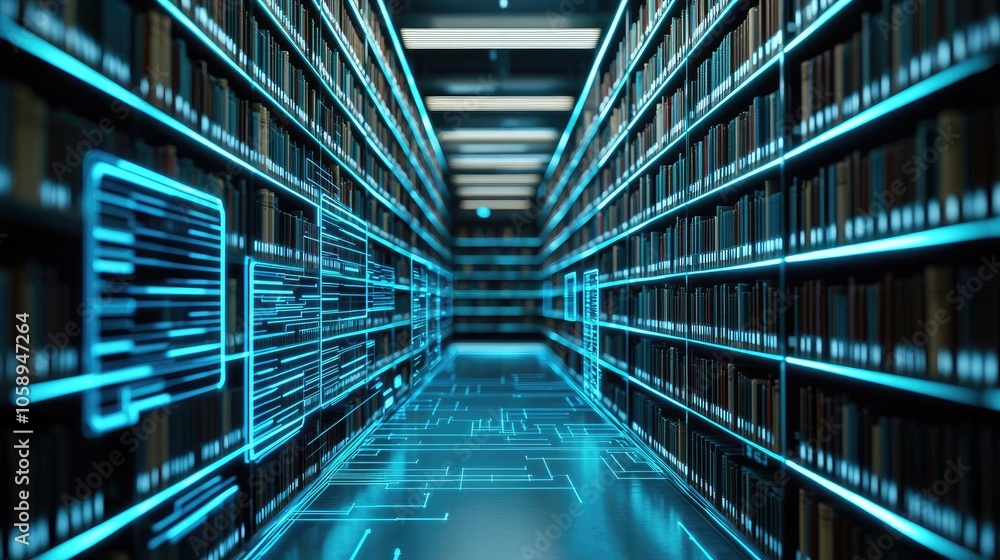 Poster futuristic library with digital shelves and glowing data connections.