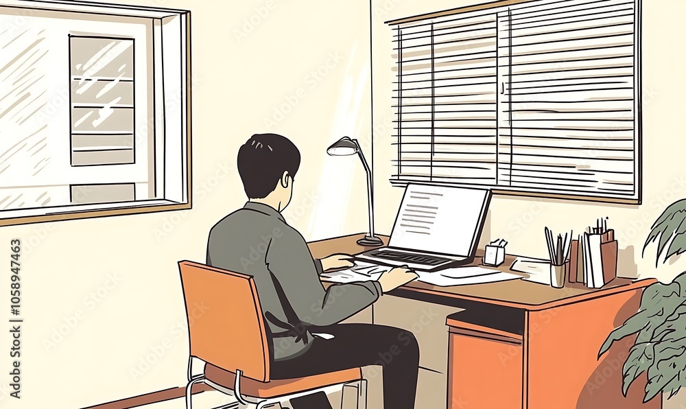 Poster a person working at a desk with a computer in a well-lit office environment.