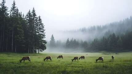 Deer Grazing in Misty Meadow Surrounded by Tall Trees and Rolling Hills at Dawn