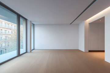 Obraz premium Spacious modern interior with large windows in an urban setting during daylight hours