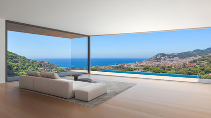 Modern living room with ocean view overlooking a coastal city in bright daylight