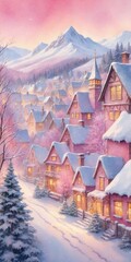 Poetic Snowy Village in Pink Watercolor with Sloped Roofs and Sunset Sky – Calm and Cozy Winter Scene