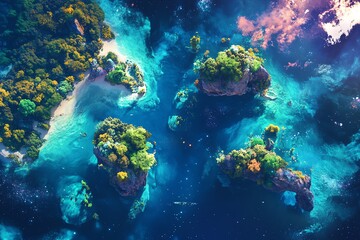 Fototapeta premium Aerial view of a tropical island with turquoise water and lush green vegetation.