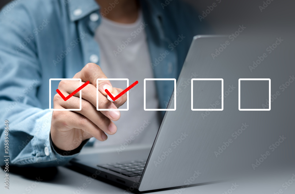 Poster businessman use pen to tick correct sign mark in checkbox for quality document control checklist and