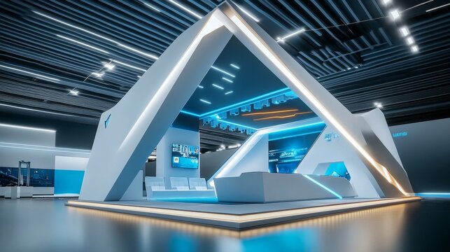 Modern exhibition booth with futuristic design and blue neon lighting in a spacious convention hall. 