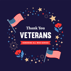Thank You Veterans greeting card vector design. USA Circle frame on navy blue background