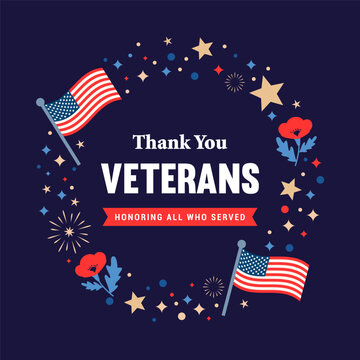 Thank You Veterans greeting card vector design. USA Circle frame on navy blue background