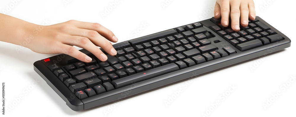 Poster a pair of hands typing on a black computer keyboard.