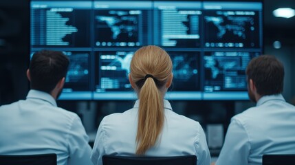 A team of professionals in lab coats monitors multiple screens displaying data, emphasizing technology and analysis in a high-tech environment.