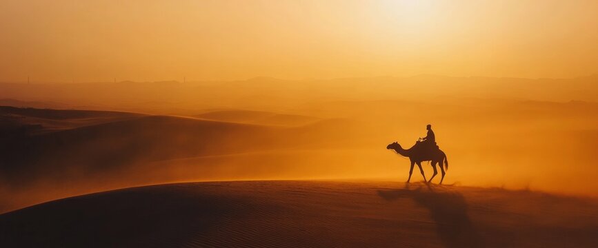 A rider on a camel moves gracefully across the undulating sands of a desert as the sun sets, casting a warm golden light over the landscape - Powered by Adobe