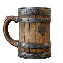 Wooden mug with handle and metal trim, on a transparent background, PNG