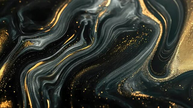 A close-up of swirling black and gold abstract patterns, resembling fluid art with shimmering textures, creating a sense of elegance and depth.
