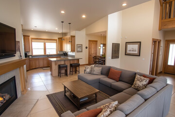 Fototapeta premium Living room interior facing kitchen with gray sofa, fireplace and screen TV