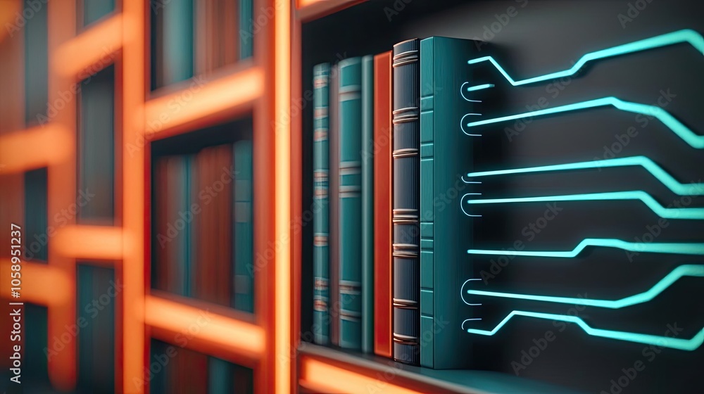 Poster futuristic bookshelf with glowing circuits and books in vivid colors.