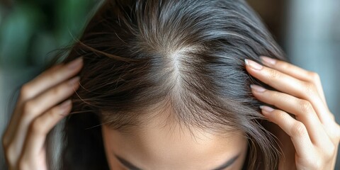 Obraz premium Hair loss problem, Asian woman look at scalp worry about balding, Generative AI